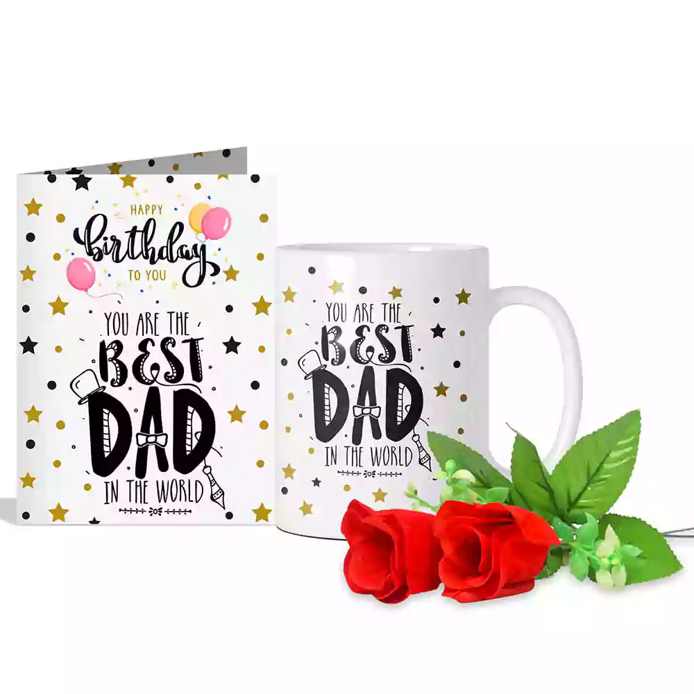 Cheers For Being A Great Dad Happy Birthday Greeting Card, 2 Red Roses & Coffee Mug 350 ml | birthday dad gift