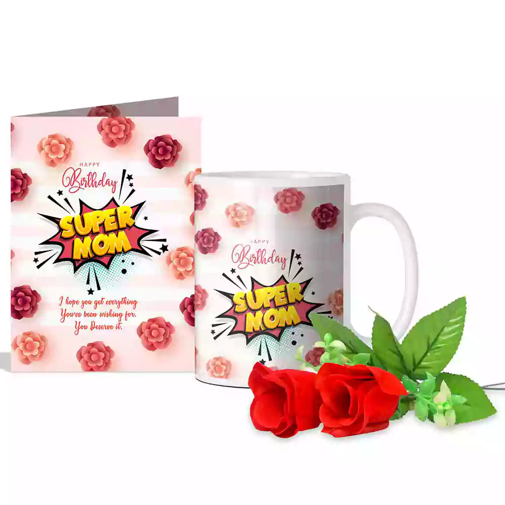 I Love My Mom Happy Birthday Greeting Card, 2 Red Roses & Coffee Mug 350 ml | gift for mother on her birthday