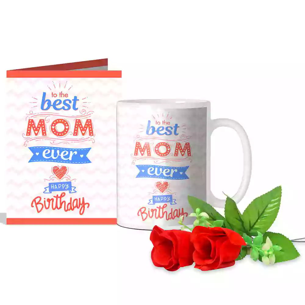 To The Best Mom Ever Happy Birthday Greeting Card, 2 Red Roses & Coffee Mug 350 ml | gift for mother on her birthday