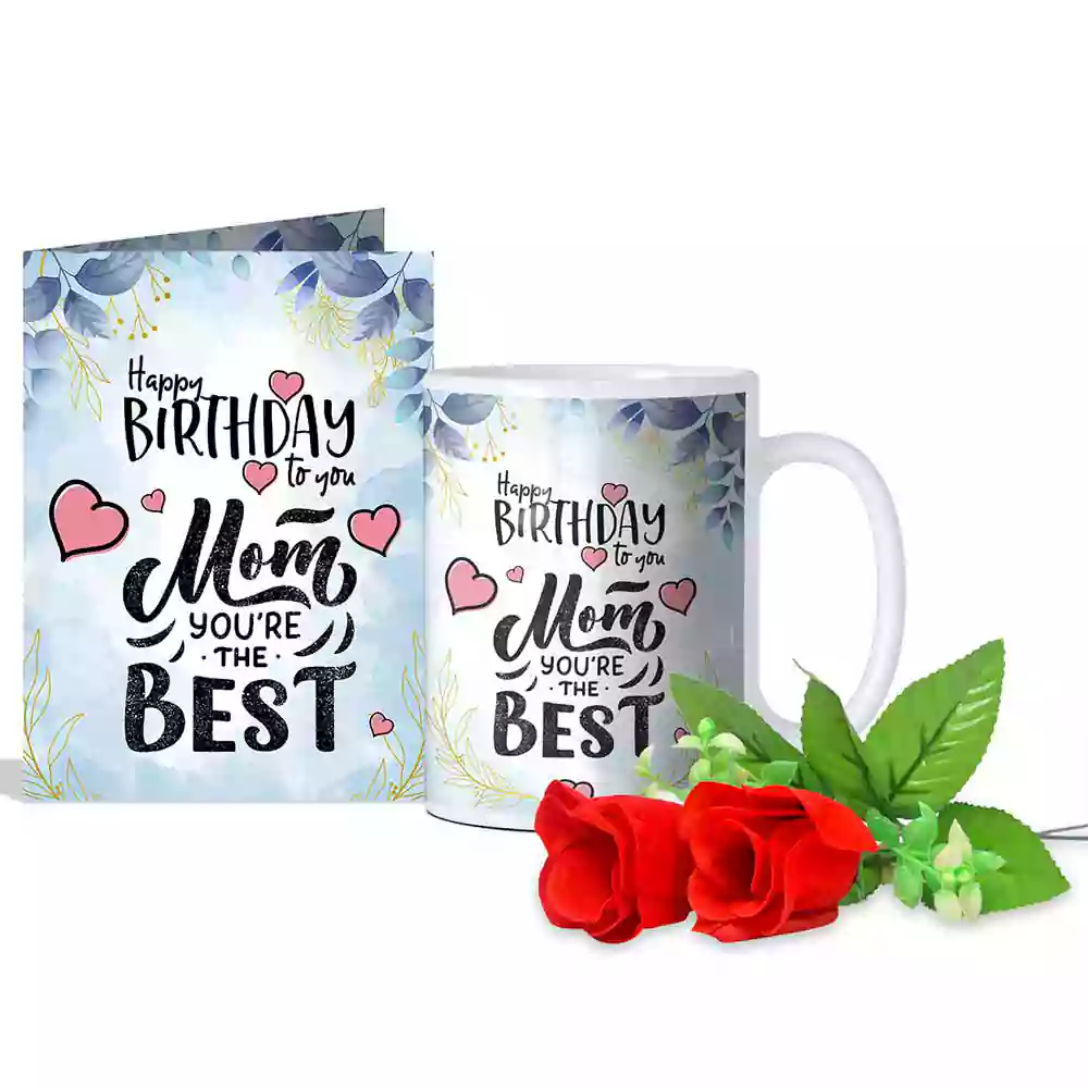 Love You Mom Happy Birthday Greeting Card, 2 Red Roses & Coffee Mug 350 ml | gift for mother on her birthday
